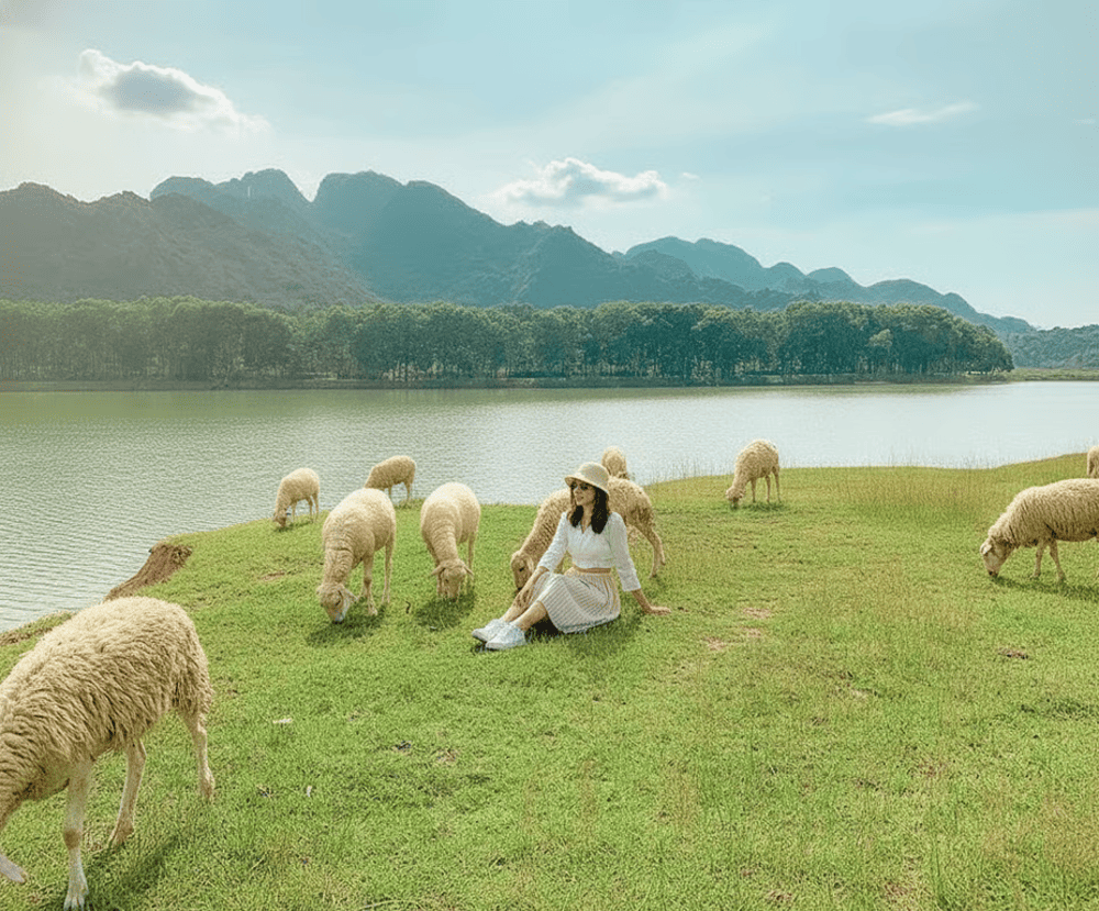 Van Long&rsquo;s sheep field is a charming spot where visitors can enjoy the rural setting and capture memorable photo